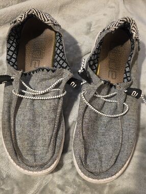 Hey Dude Men’s Grey Canvas Slip-On Loafers with White Accent Laces